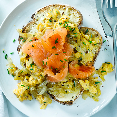 salmon-and-caramelised-onion-scrambled-eggs-on-sourdough